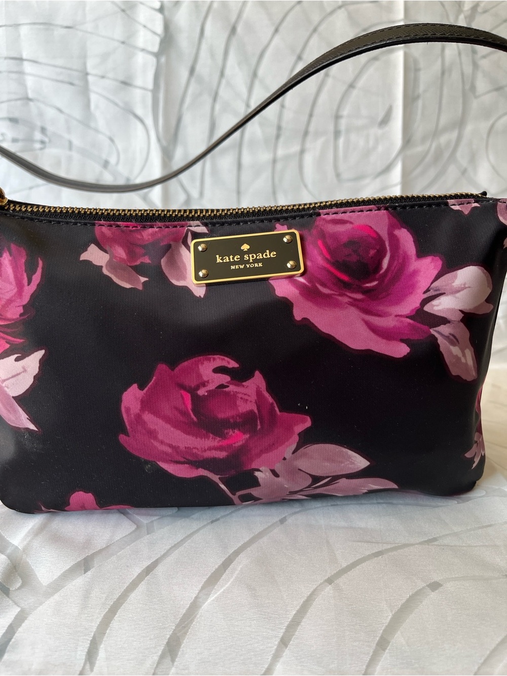 kate spade Black Shoulder Bag with Pink Rose Print